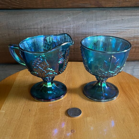 Vintage Iridescent Blue Carnival Glass Creamer/Sugar Goblet Harvest Grape Design - Picture 3 of 5